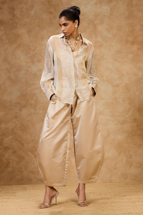 Ivory Gold Striped Shirt And Pants Set