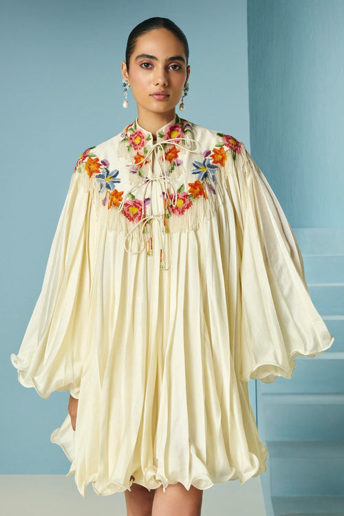 Ivory Pleated Dress With Floral Cape