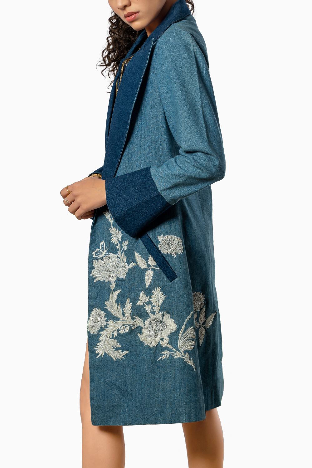 Denim Overcoat With Contrast Lining & Hand Embroidered Detailings