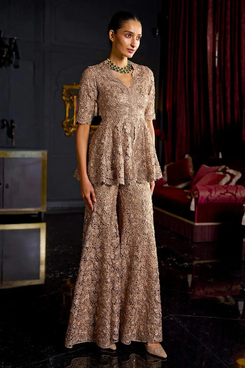 Embroidered Lace Peplum Top and Pant Set