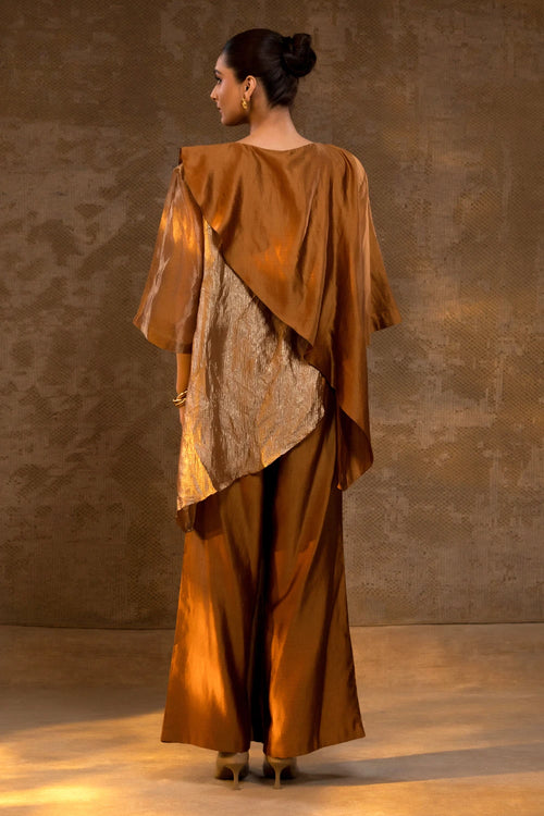 Agneya Dark Amber Tissue and Silk Layered Co-ord Set