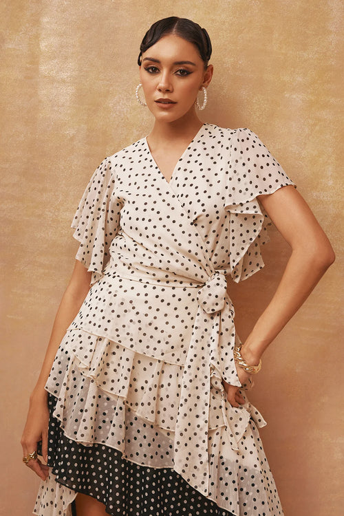 All About Monochrome Polka Wrape Blouse with Asymmetric Skirt