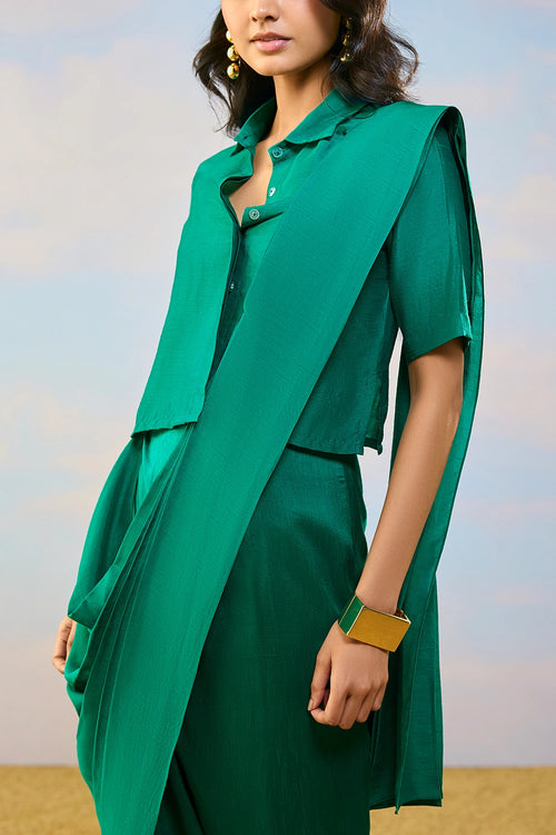 Textured Front Button Shirt And Sari Set