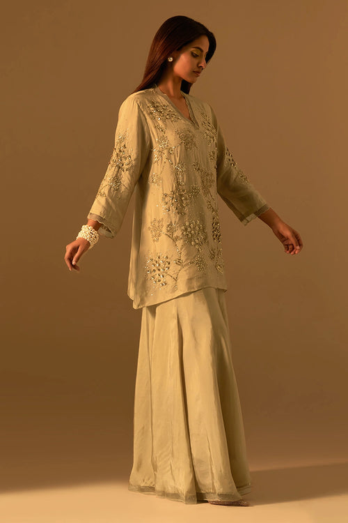 Shell Floral Embroidered Silk Sharara Set