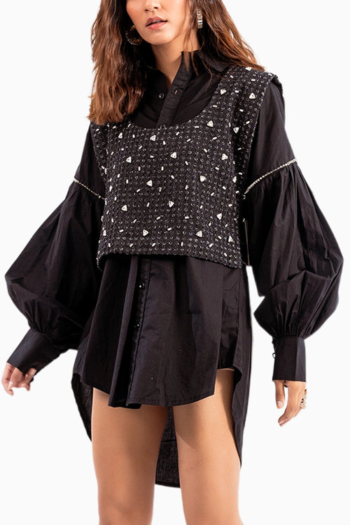 Black Denim Denim Lazercut Bib With Black Cotton Shirt Dress