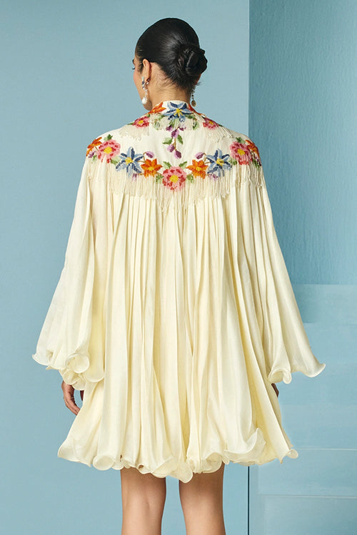 Ivory Pleated Dress With Floral Cape