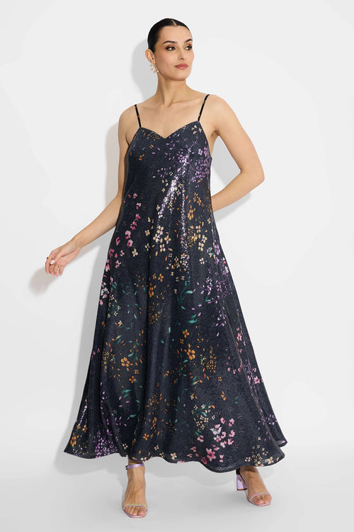 Black Floral Sequin Dress With Black Floral Sequin Cape