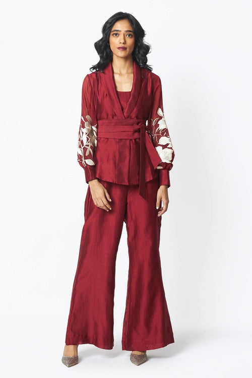 Burgandy Reva Blazer Wrap Top and Wide-Leg Pant