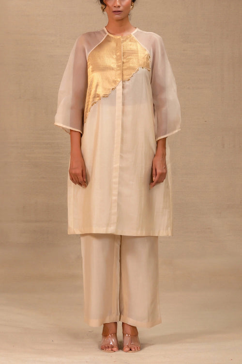 Eeda Ivory Silk Kurta Set With Asymmetrical Patchwork