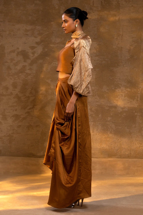 Agneya Dark Amber Silk Draped Skirt with Cape