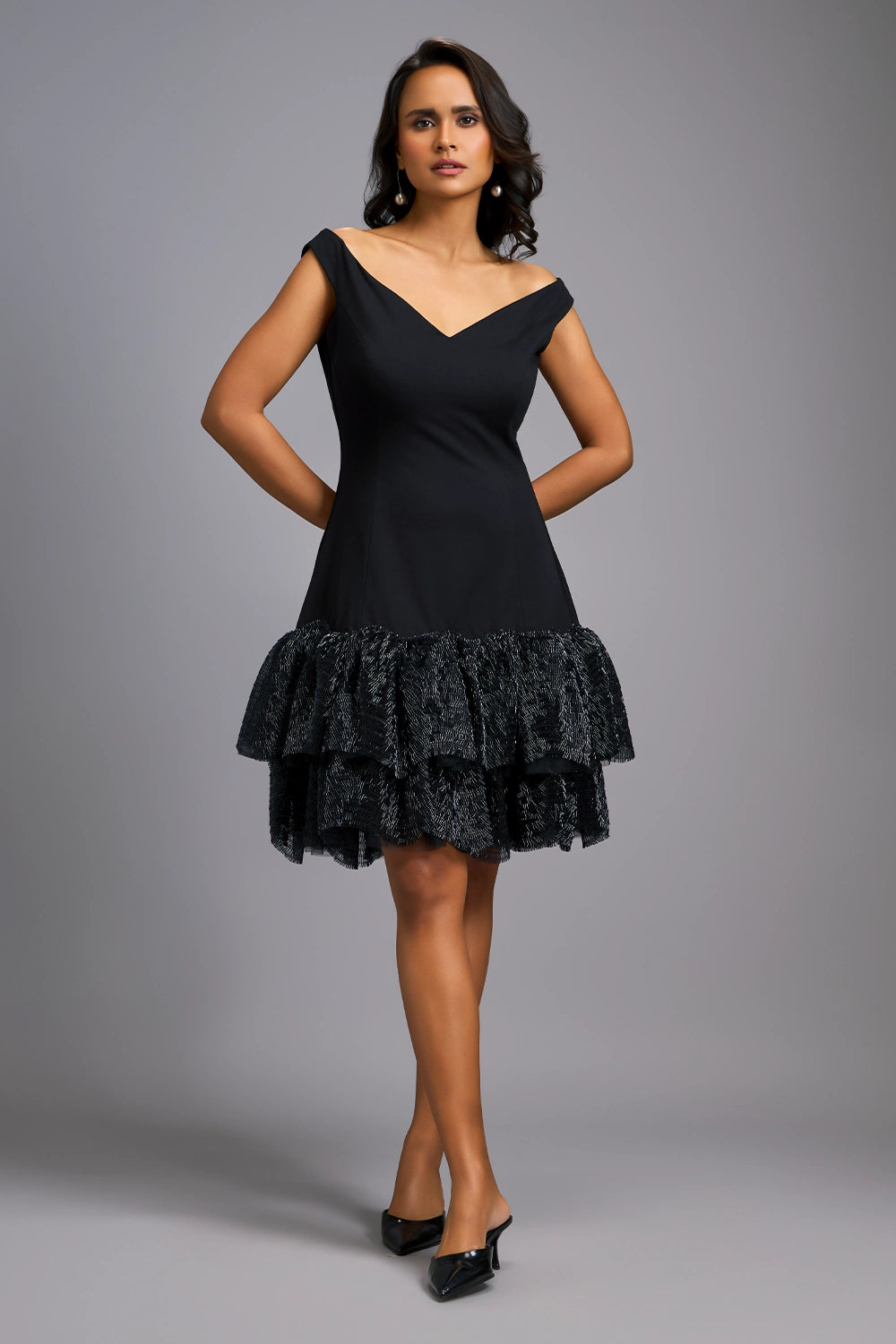 Midnight Ruffle Luxe Off-Shoulder Dress