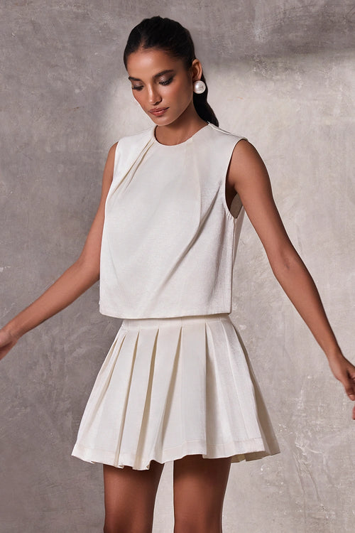 Ivory Gajji Silk Sleeveless Top With Ivory Ghaji Silk Box Pleat Short Skirt