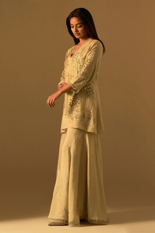 Shell Floral Embroidered Silk Sharara Set