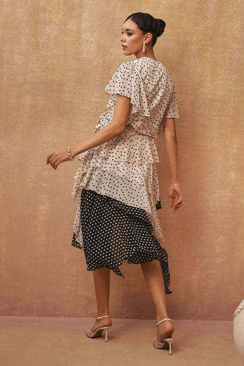 All About Monochrome Polka Wrape Blouse with Asymmetric Skirt