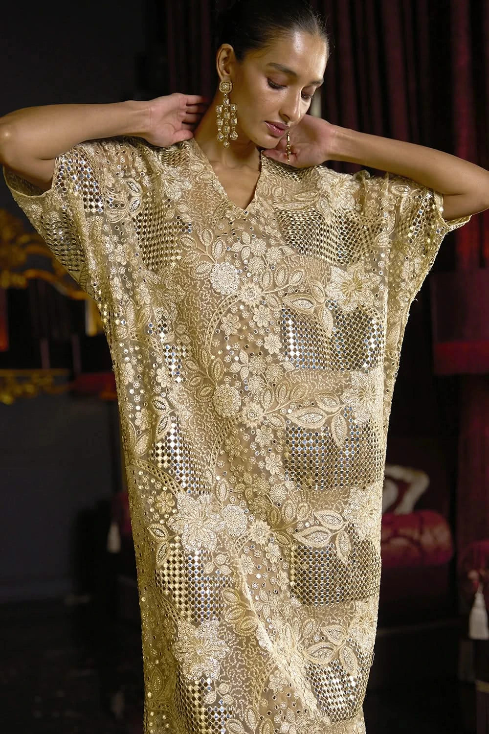 Mirror And Bead Embroidered Kaftan