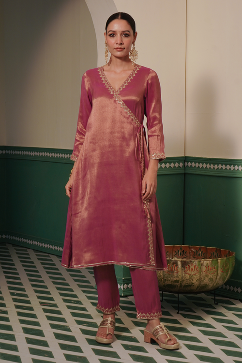 Regal Purple Tissue Angrakha with Narrow Pants