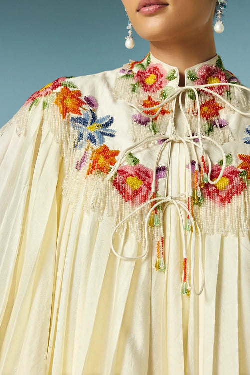 Ivory Pleated Dress With Floral Cape