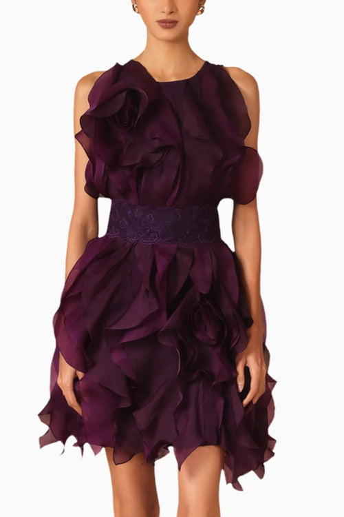 Purple Rosette Ruffle Dress With Belt