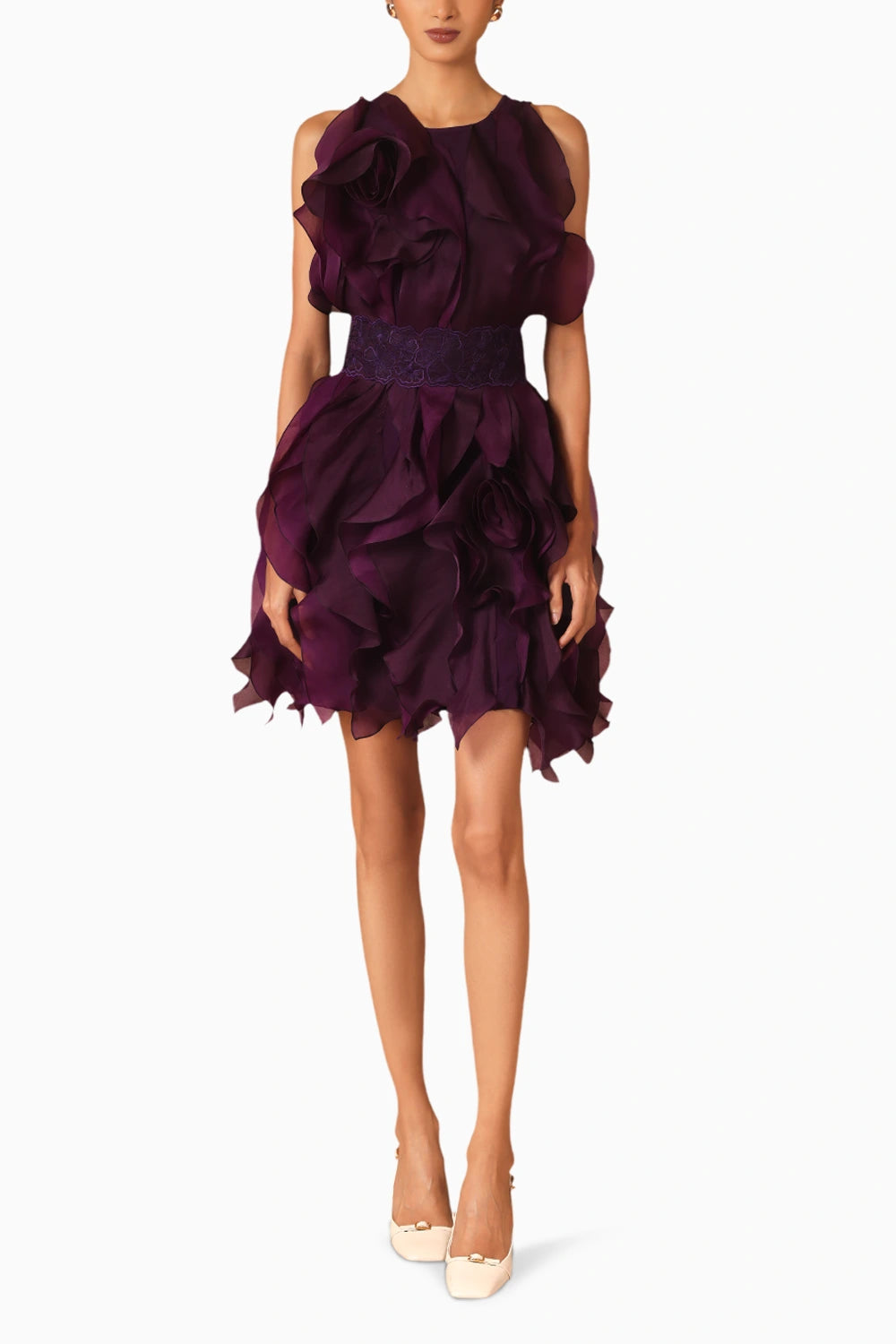 Purple Rosette Ruffle Dress With Belt