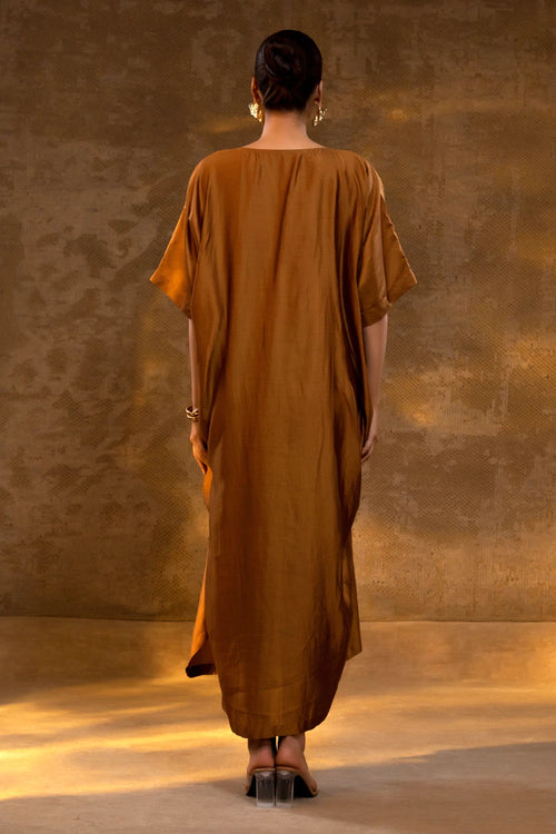 Agneya Dark Amber Silk and Crushed Tissue Kaftan Dress