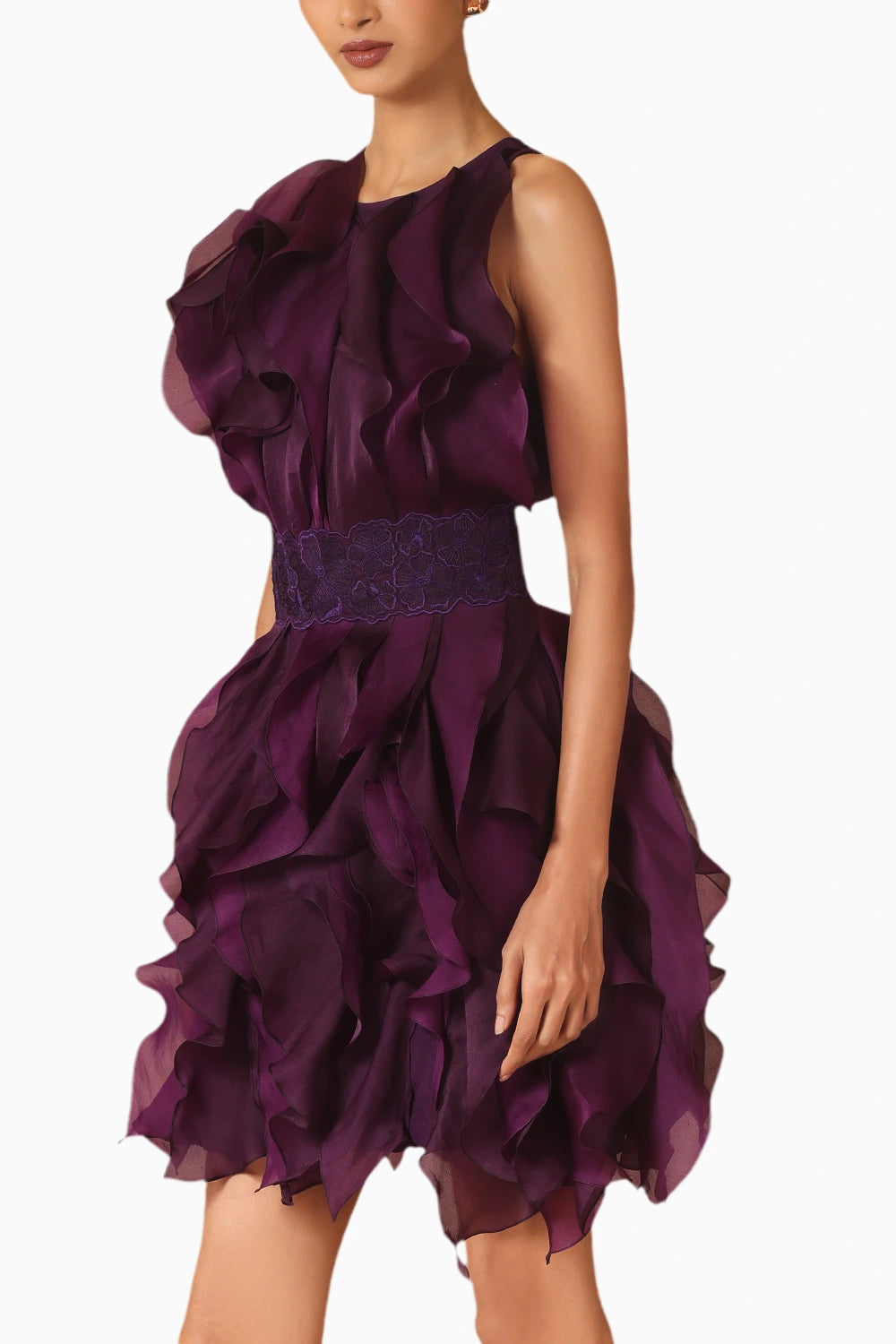 Purple Rosette Ruffle Dress With Belt