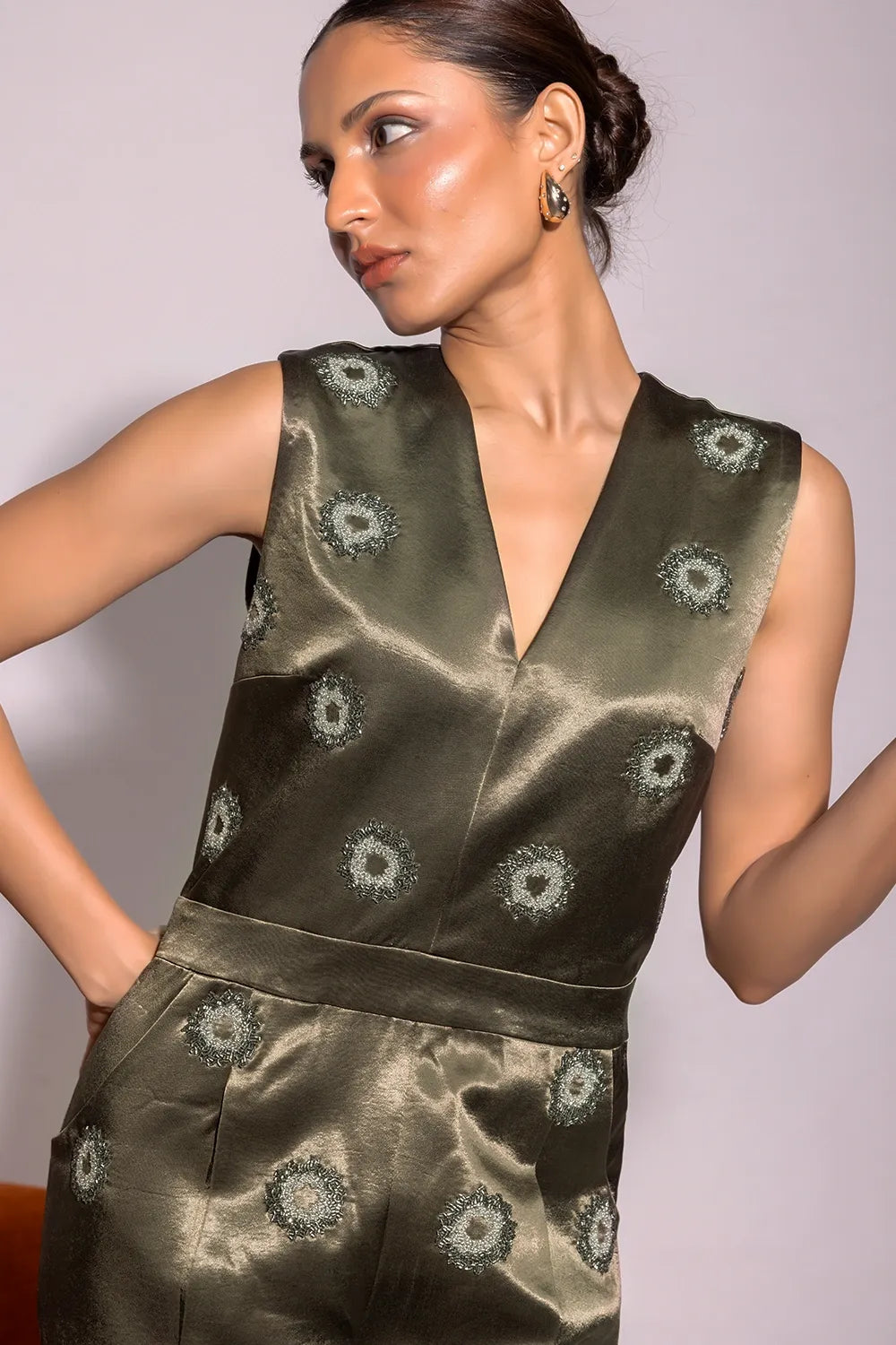 Dusky Olive Embroidered Sleeveless Jumpsuit