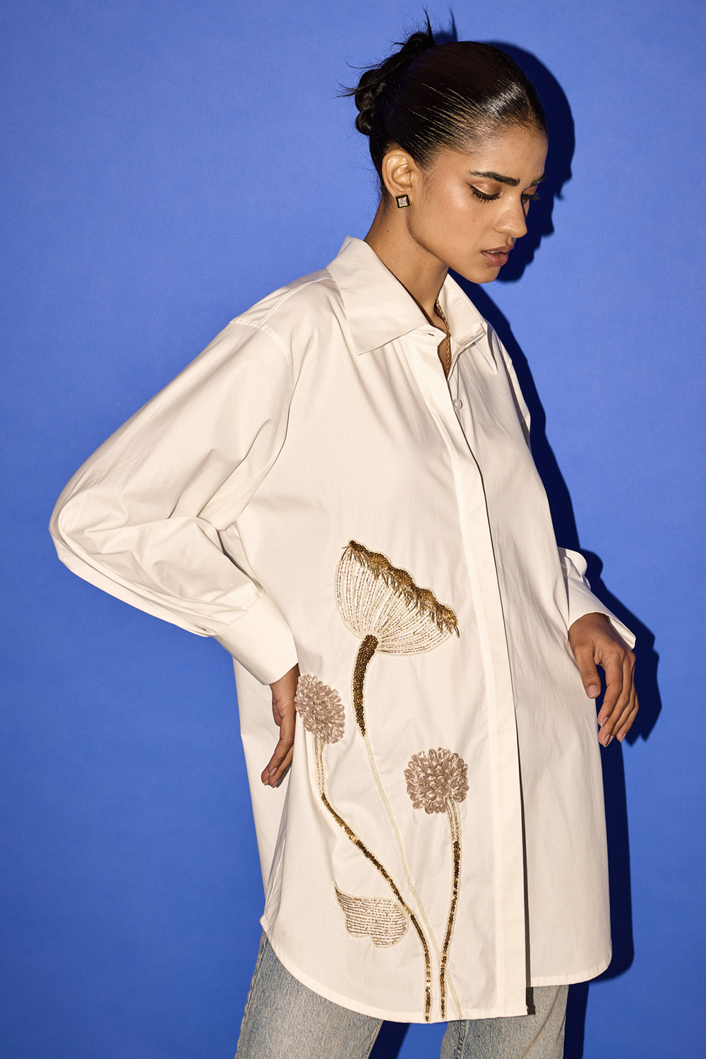 Embroidered Oversized Puffed Sleeves Shirt