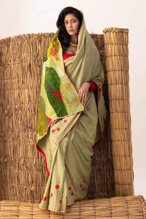 Green Patchwork Bandhani Palla Saree