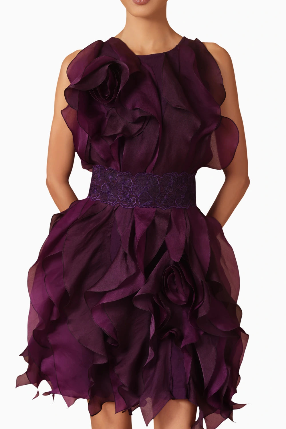 Purple Rosette Ruffle Dress With Belt