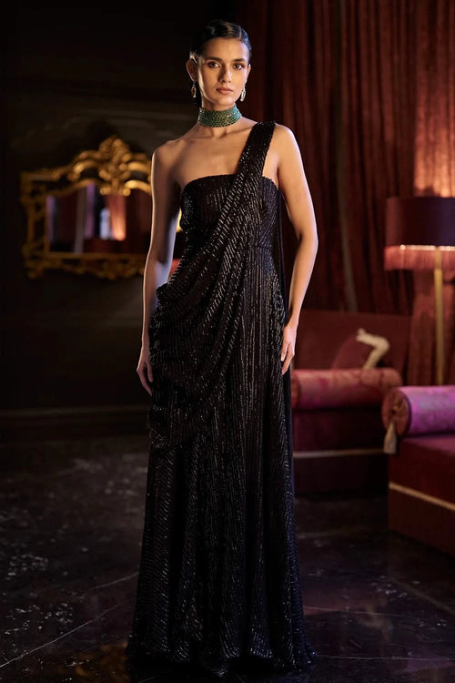 Black Sequin Sari Drape Gown