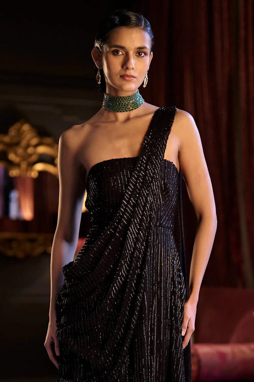 Black Sequin Sari Drape Gown