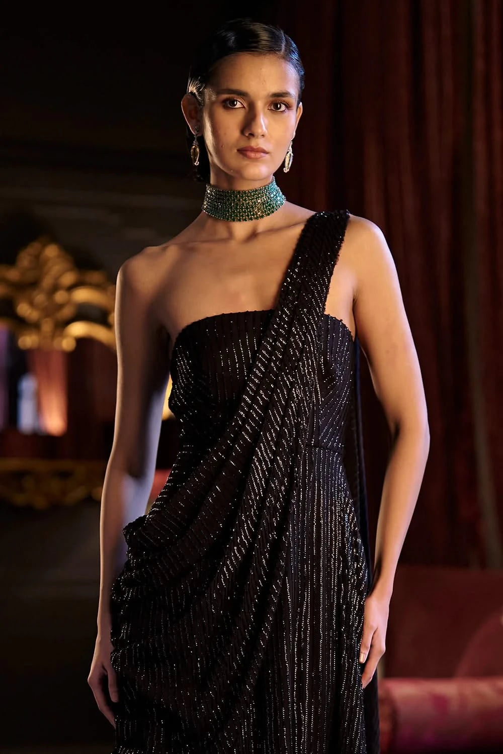 Black Sequin Sari Drape Gown