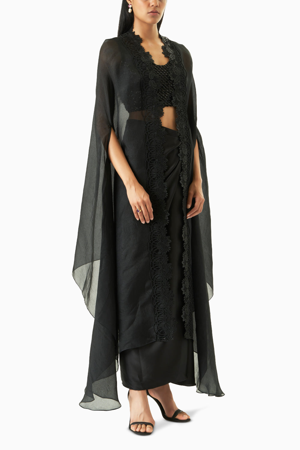 Keera Sequins Black Cape Set