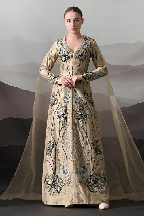 Peach Gown Featuring All-Over Floral Artwork