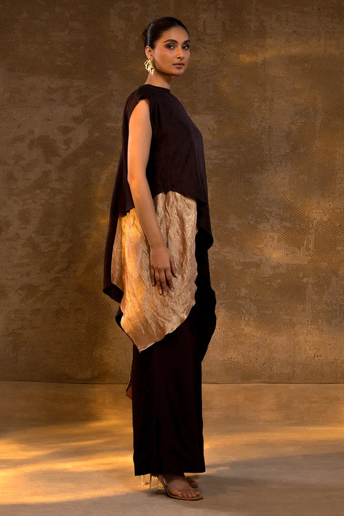 Agneya Brown Tissue and Silk Layered Kurta Set