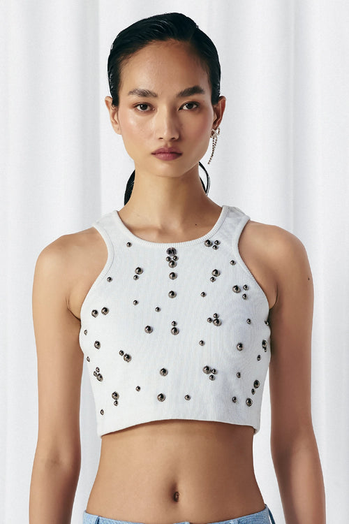 White Studded Rib Top