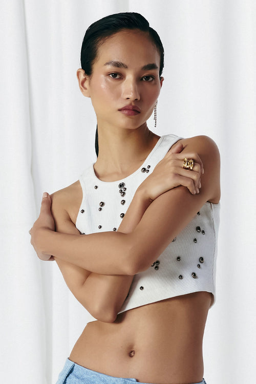White Studded Rib Top