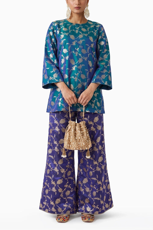 Blue Purple Banarasi Begum Tunic Set