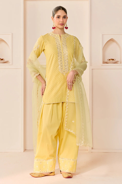 Anaisha Lemon Yellow Short Kurta with Farshi Salwar and Dupatta