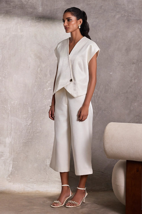 Ivory Gajji Silk Aymmetric Bolero With Ivory Gajji Silk Gaucho Pants