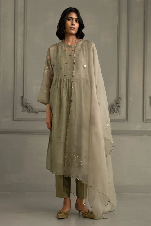 Sage Green Gathered Embroidered Tunic Set