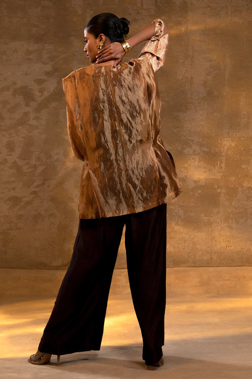 Agneya Dark Amber Layered Silk and Tissue Jacket Set