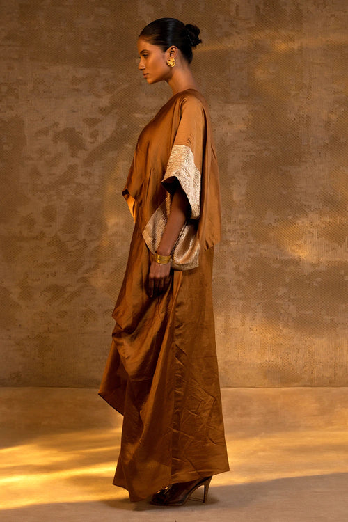 Agneya Dark Amber Silk Draped Skirt Set