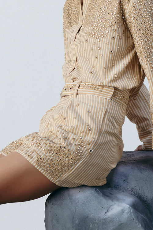 Beige Stripe Mirror Embellished Shorts