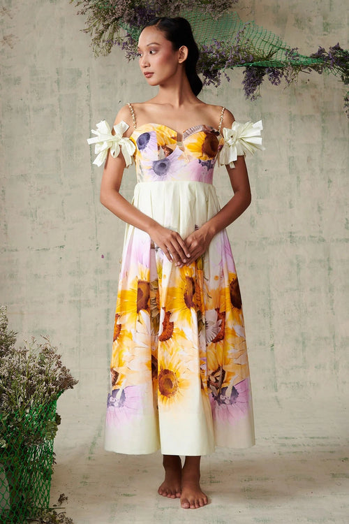 Sunflower Placement Off Shoulder Dress