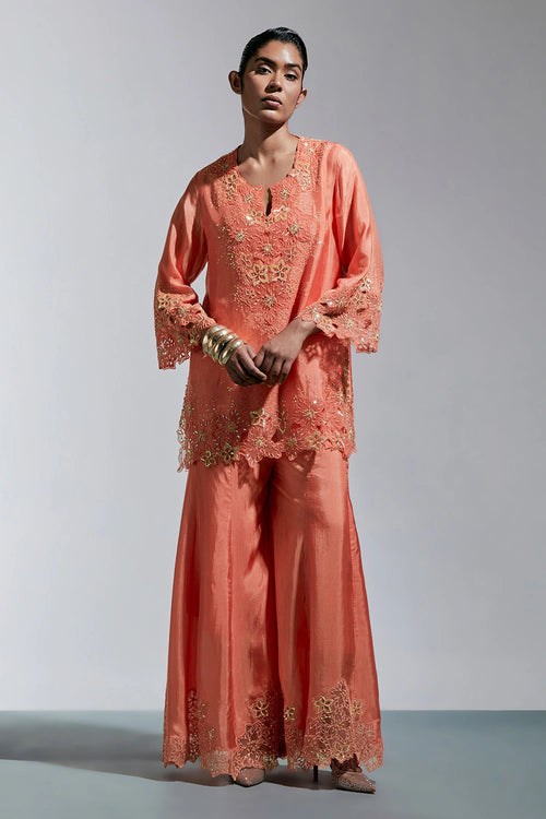 Vermilion Floral Threadwork Silk Sharara Set