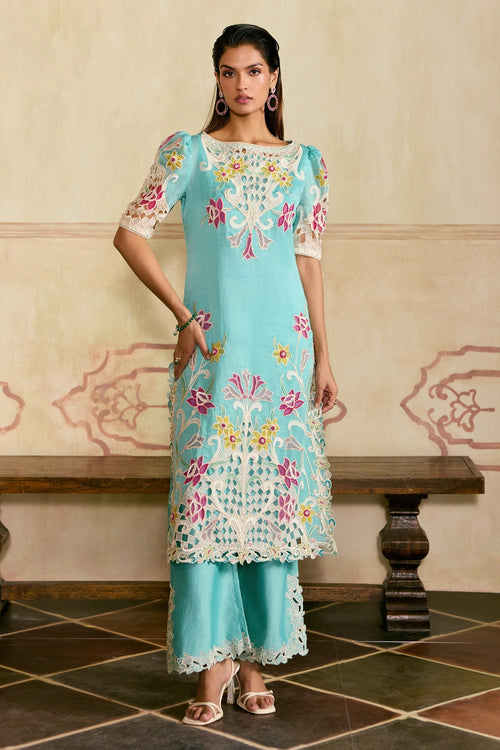 Aqua and Ivory Applique and Cutwork Kurta with Pants