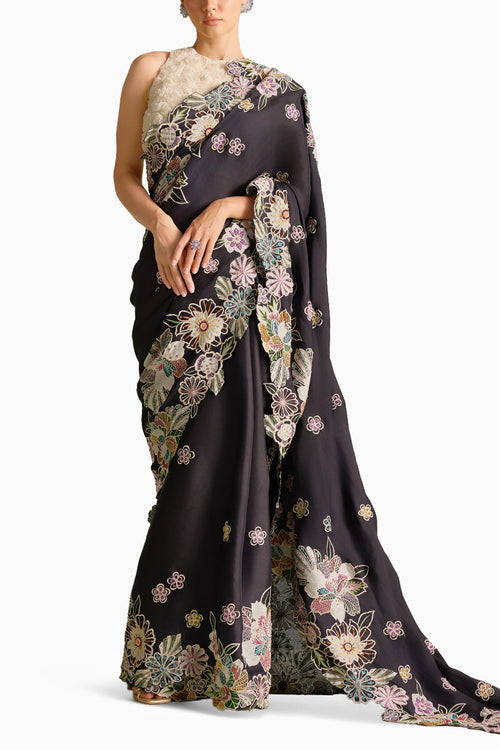 Black Contrast Applique And Threadwork Saree And Top