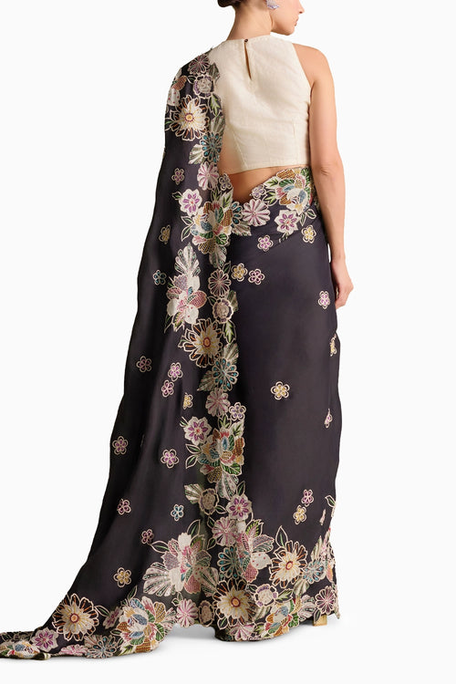 Black Contrast Applique And Threadwork Saree