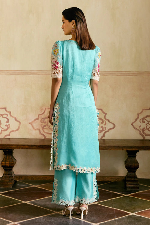 Aqua and Ivory Applique and Cutwork Kurta with Pants